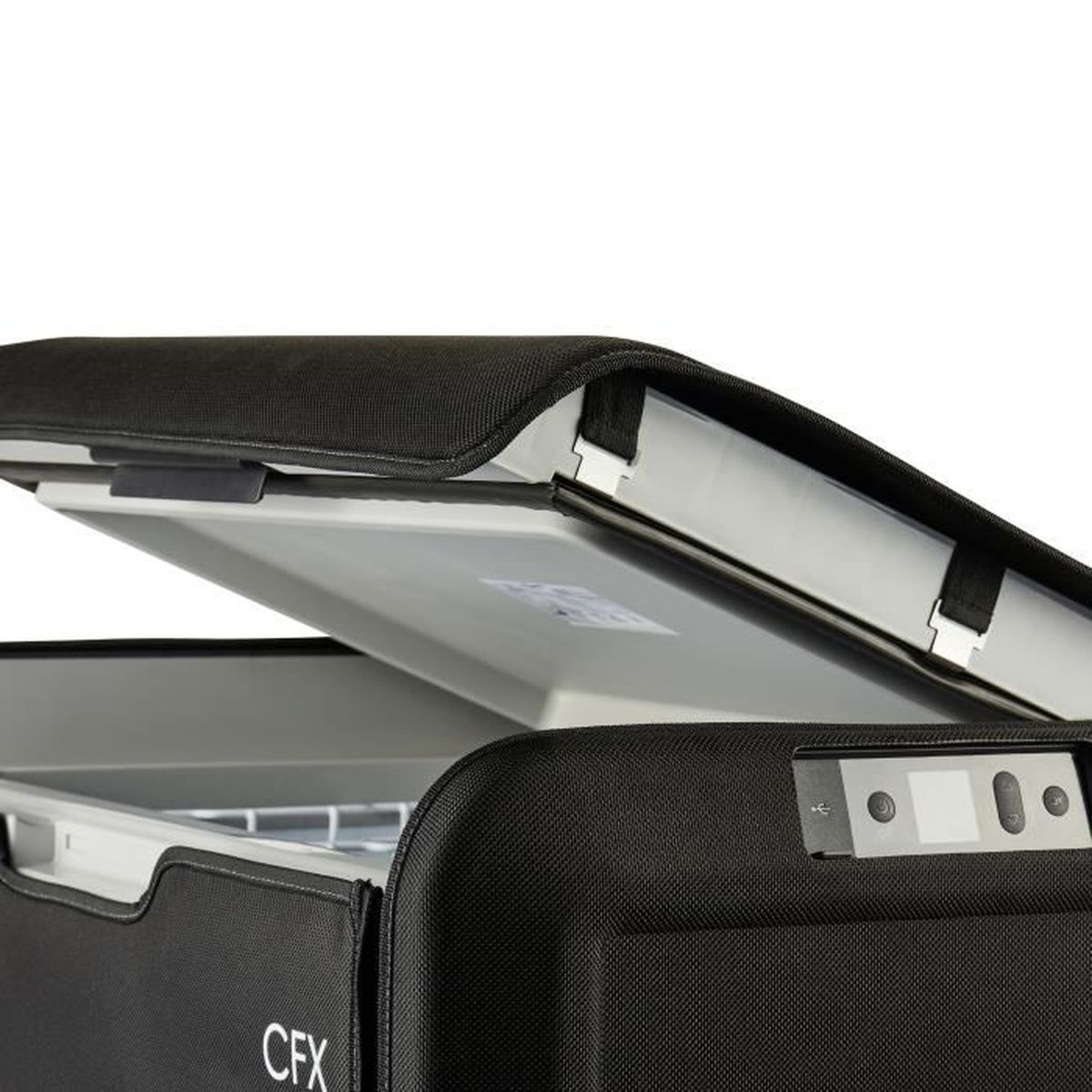 A portable fridge with a black cover, partially open, revealing a white interior.
