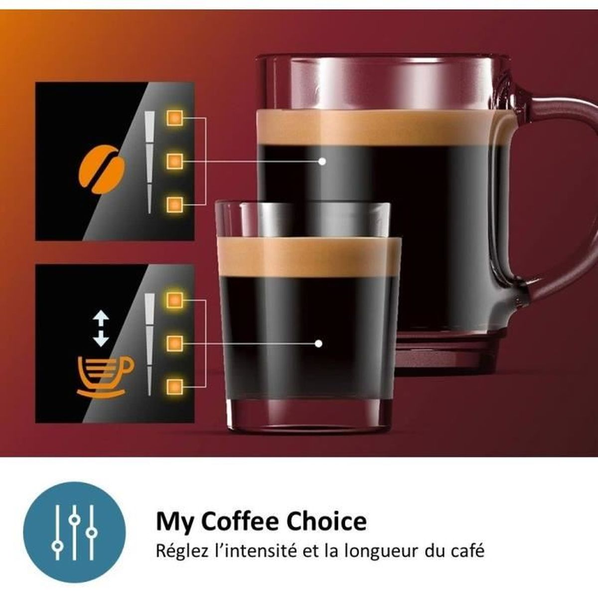 Coffee cups with coffee, coffee bean and cup icons. Text: My Coffee Choice. Adjust coffee intensity and length.