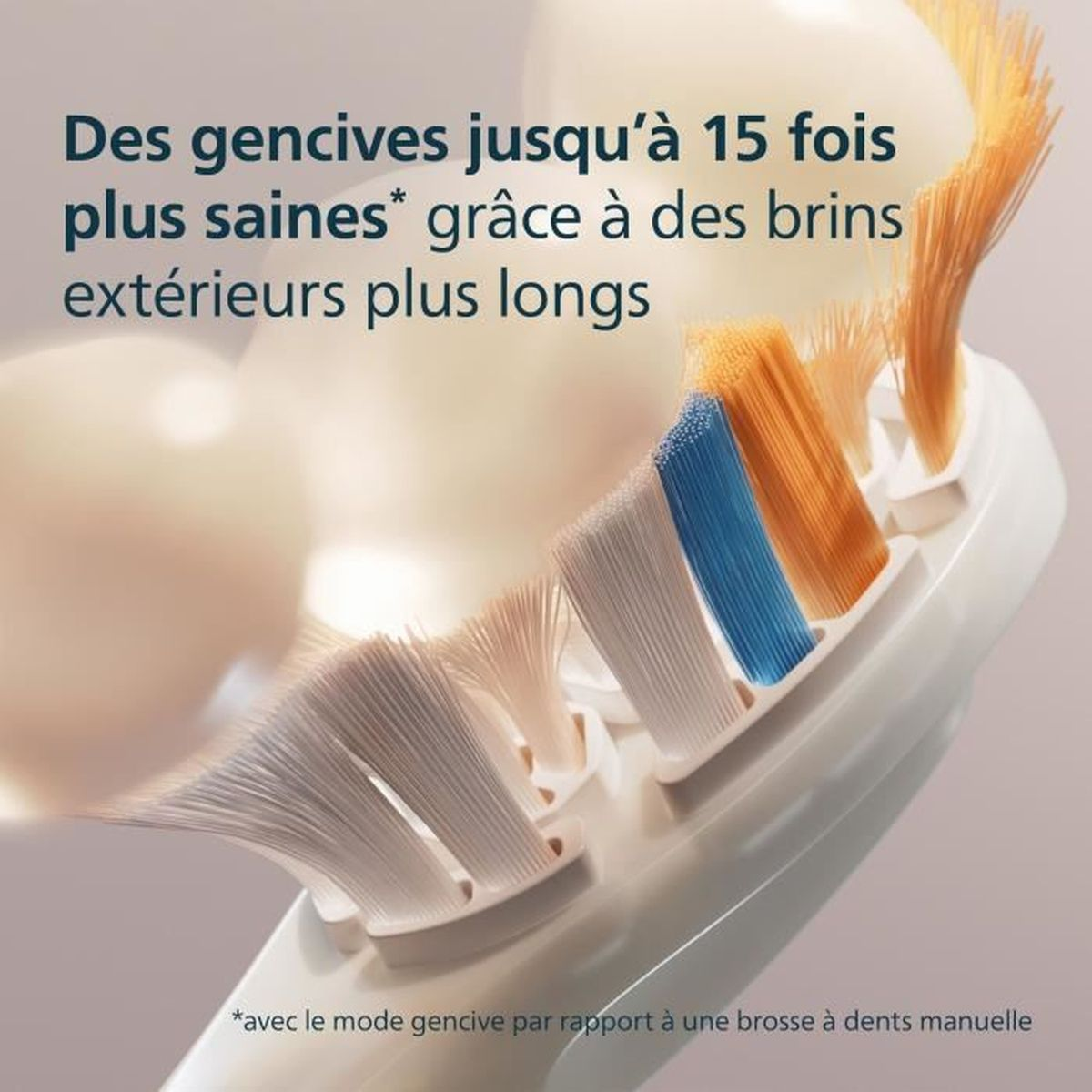Primer plano del cabezal de un cepillo de dientes con cerdas blancas, azules y naranjas. Texto en francés sobre encías más sanas.