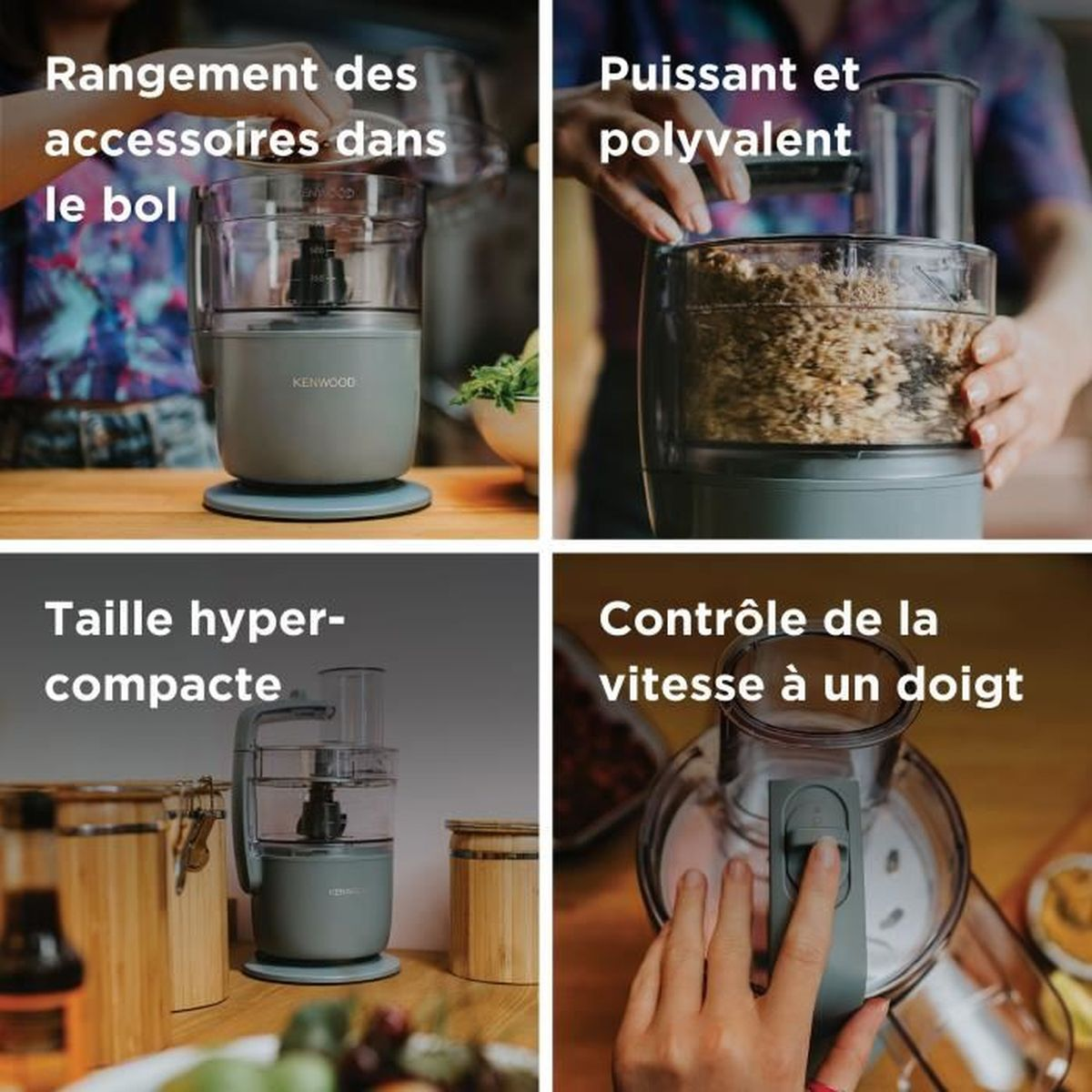 L'immagine mostra un robot da cucina con quattro diverse caratteristiche: conservazione degli accessori, potenza e versatilità, dimensioni compatte e controllo della velocità.