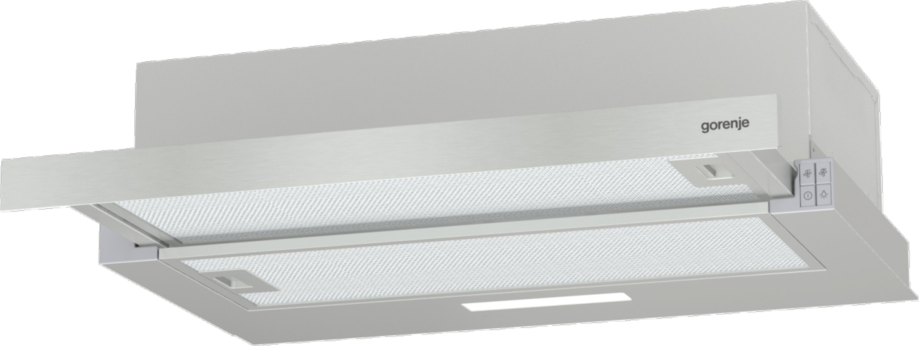 Srebrny okap kuchenny Gorenje. Ma prostokątny kształt, z filtrem siatkowym i przyciskami sterowania.