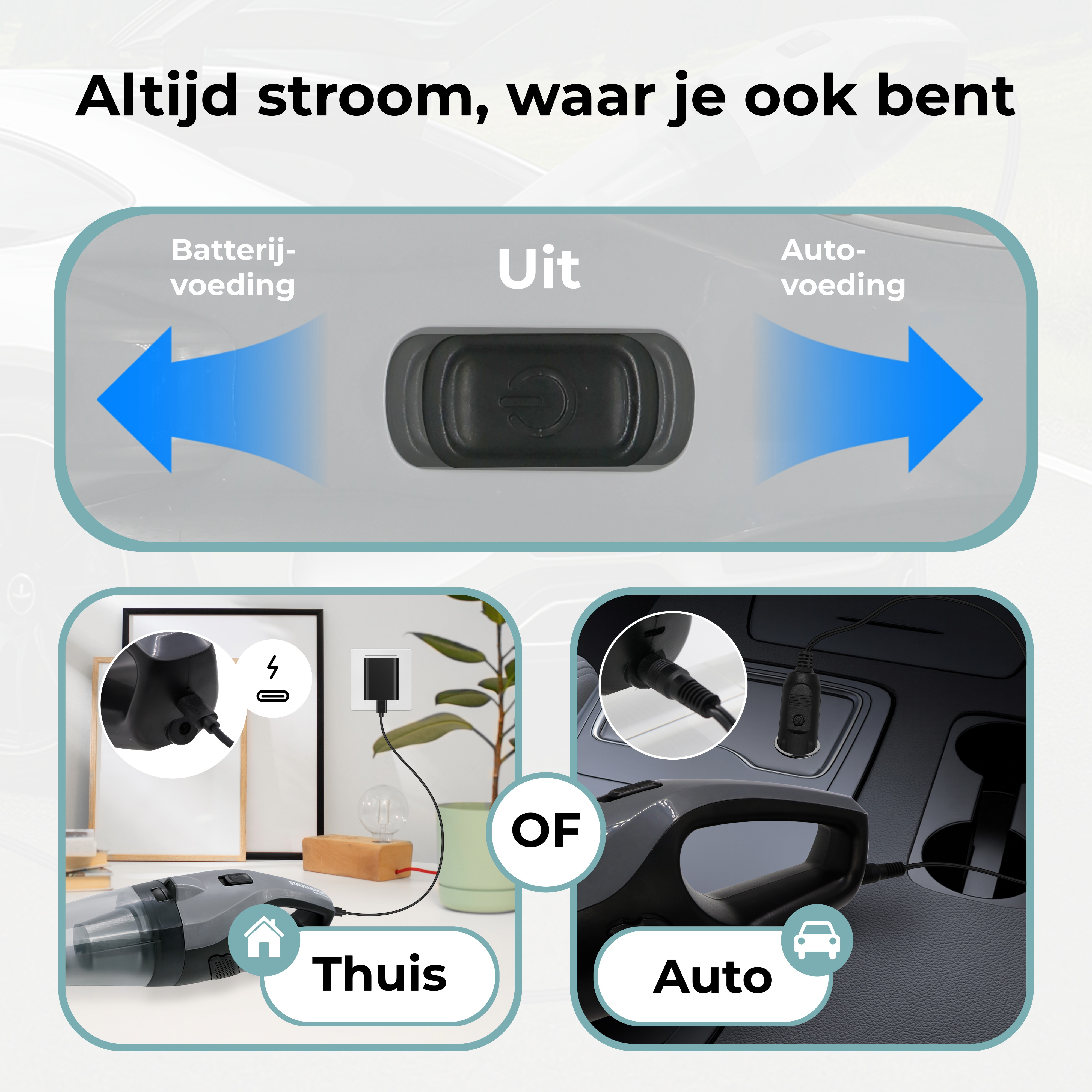 Image shows a vacuum cleaner with home and car charging options. Text says: Always power, wherever you are.