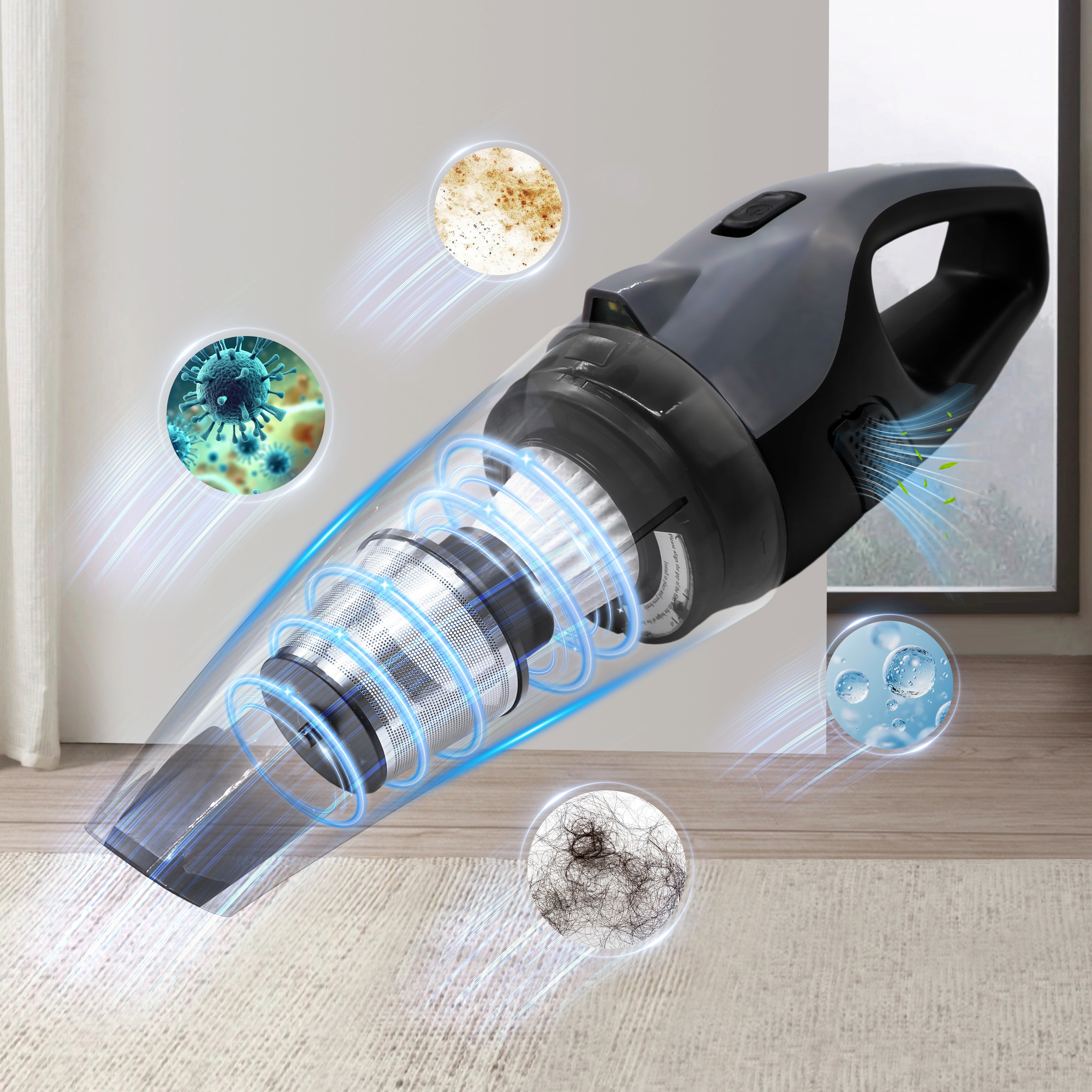 Black handheld vacuum cleaner with transparent parts. Shows cleaning of dirt, hair, viruses, and bubbles.