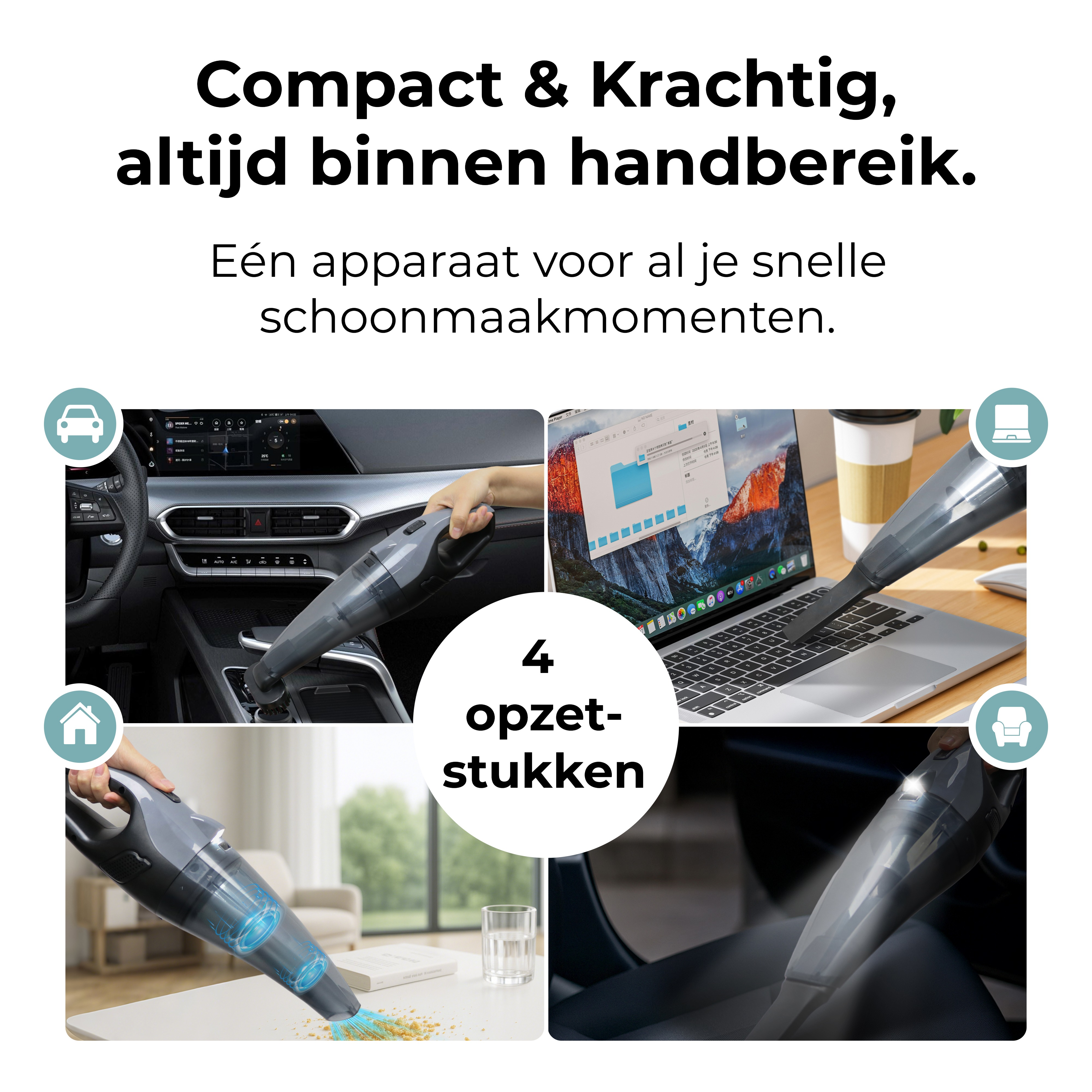 An advertisement showcasing a compact vacuum cleaner used on a car interior, laptop, table, and sofa.