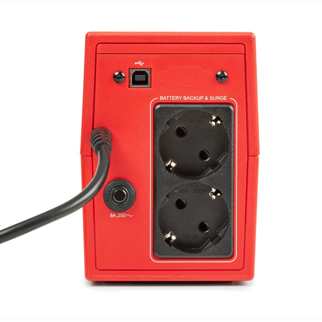 Dispositivo de respaldo de energía rojo con dos enchufes eléctricos, un puerto USB y un cable de alimentación. El dispositivo está sobre fondo blanco.