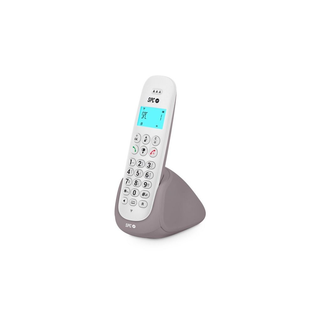 Un teléfono inalámbrico SPC blanco y gris está en una base gris. El teléfono tiene una pantalla y un teclado numérico. El fondo es blanco.