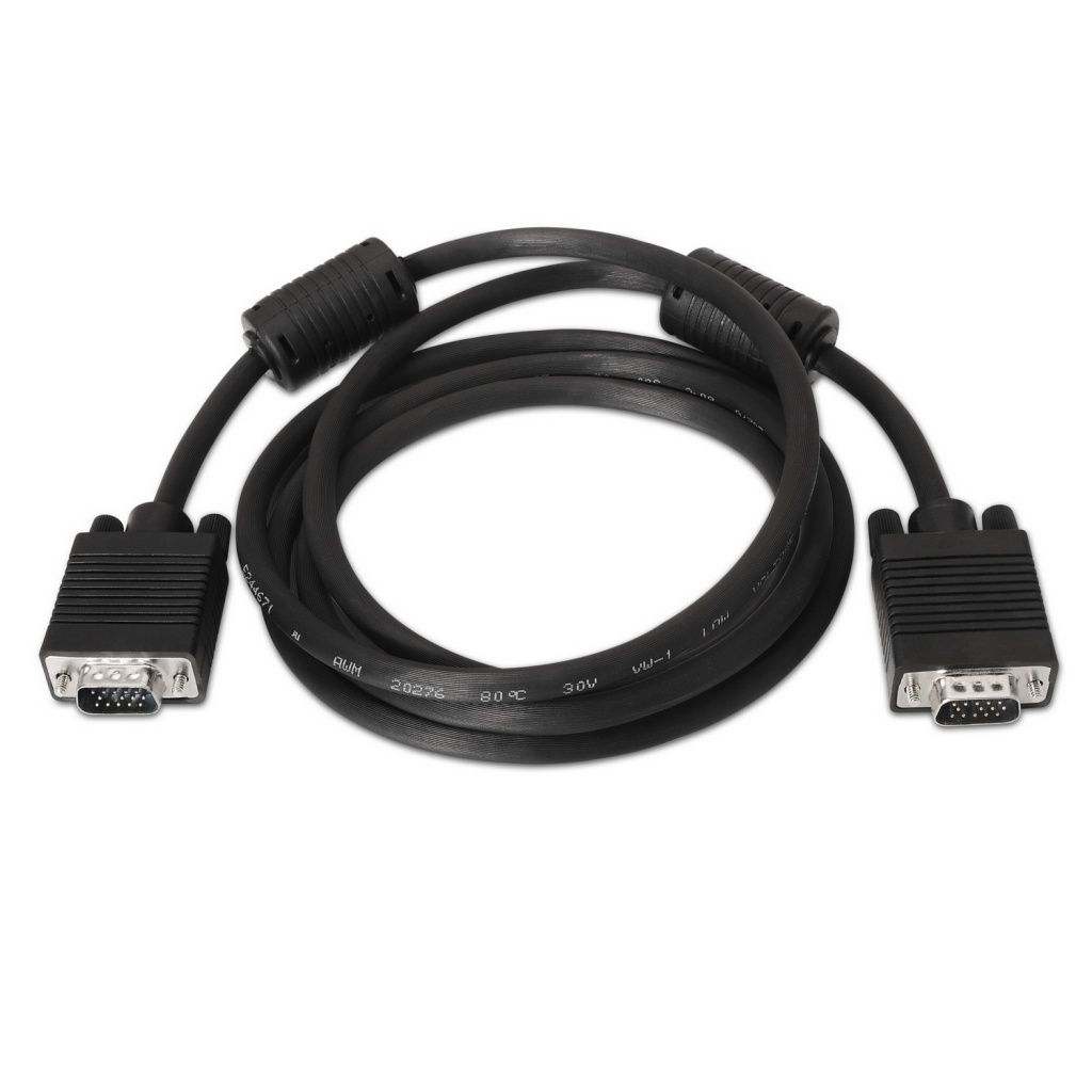 Un cable VGA negro con conectores en ambos extremos. El cable está enrollado y los conectores son plateados con clavijas.