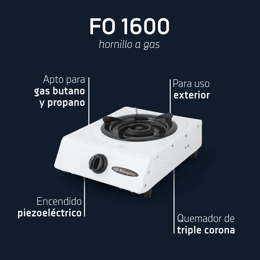 Fornello a gas bianco con bruciatore nero, etichettato FO 1600. Adatto a gas butano e propano, con bruciatore a tripla corona.