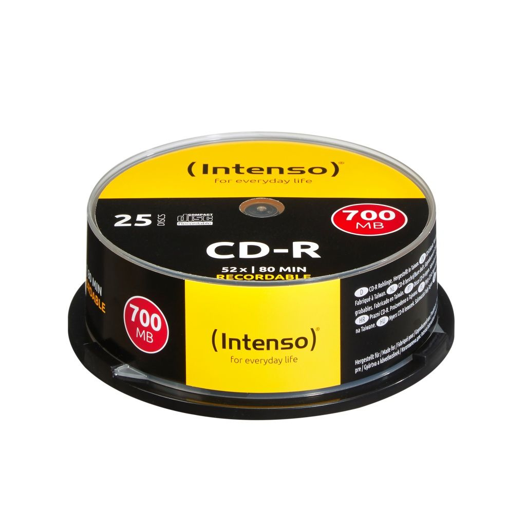 Eine CD-R-Disc-Packung mit der Marke Intenso. Die Disc hat ein gelbes und schwarzes Etikett mit technischen Details.
