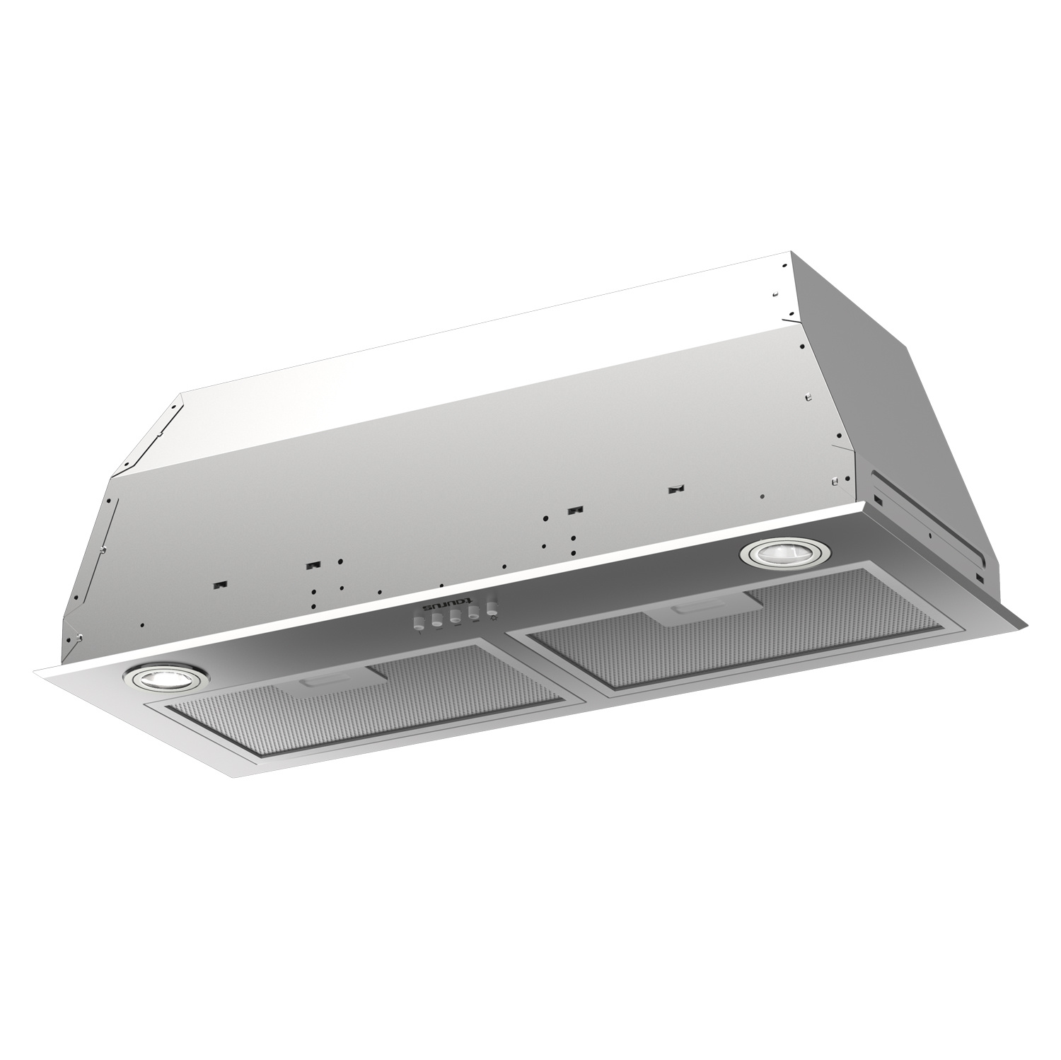 Una campana extractora de acero inoxidable con dos luces y filtros de malla. Está sobre un fondo blanco y tiene la marca 'Taurus'.
