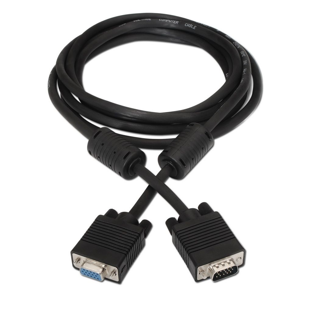 Un cable de computadora negro con dos conectores. El cable está enrollado y los conectores están cruzados. Los conectores son rectangulares.
