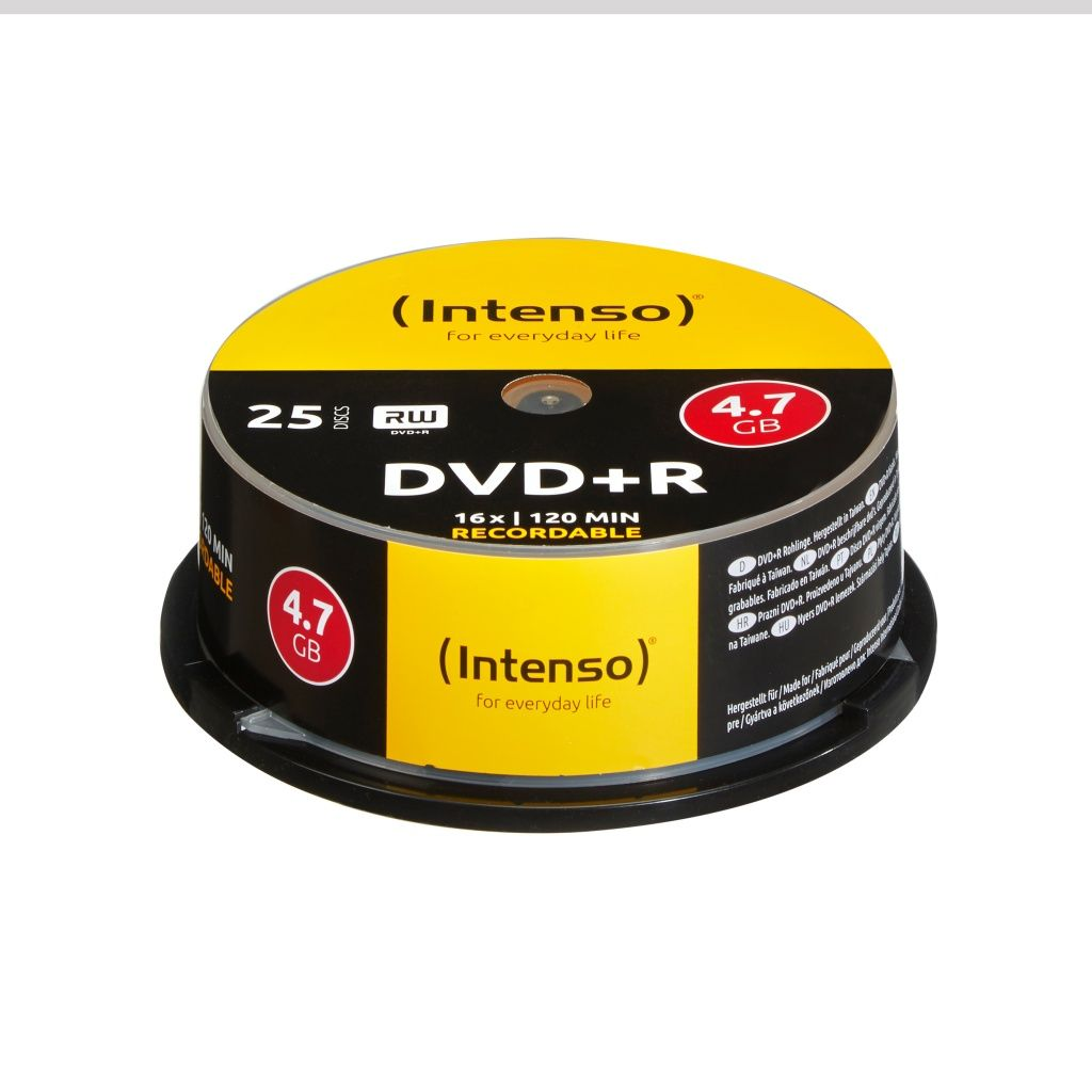 Ein Stapel Intenso DVD+R-Discs. Die Verpackung ist schwarz und gelb und zeigt die Disc-Kapazität und Aufnahmezeit.