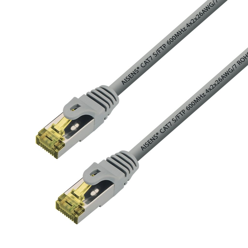 Dwa szare kable Ethernet z pozłacanymi wtykami, oznaczone jako 'AISENS CAT7 S/FTP 600MHz'.