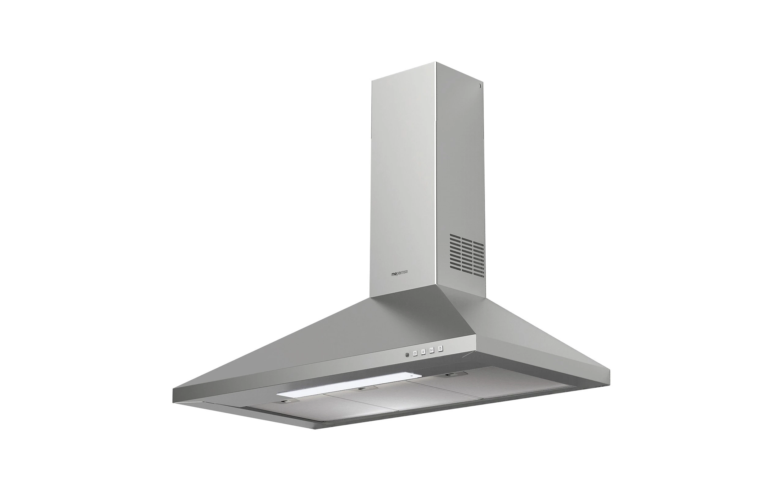 Una campana extractora de acero inoxidable sobre un fondo blanco. Tiene una chimenea rectangular y una campana en ángulo.