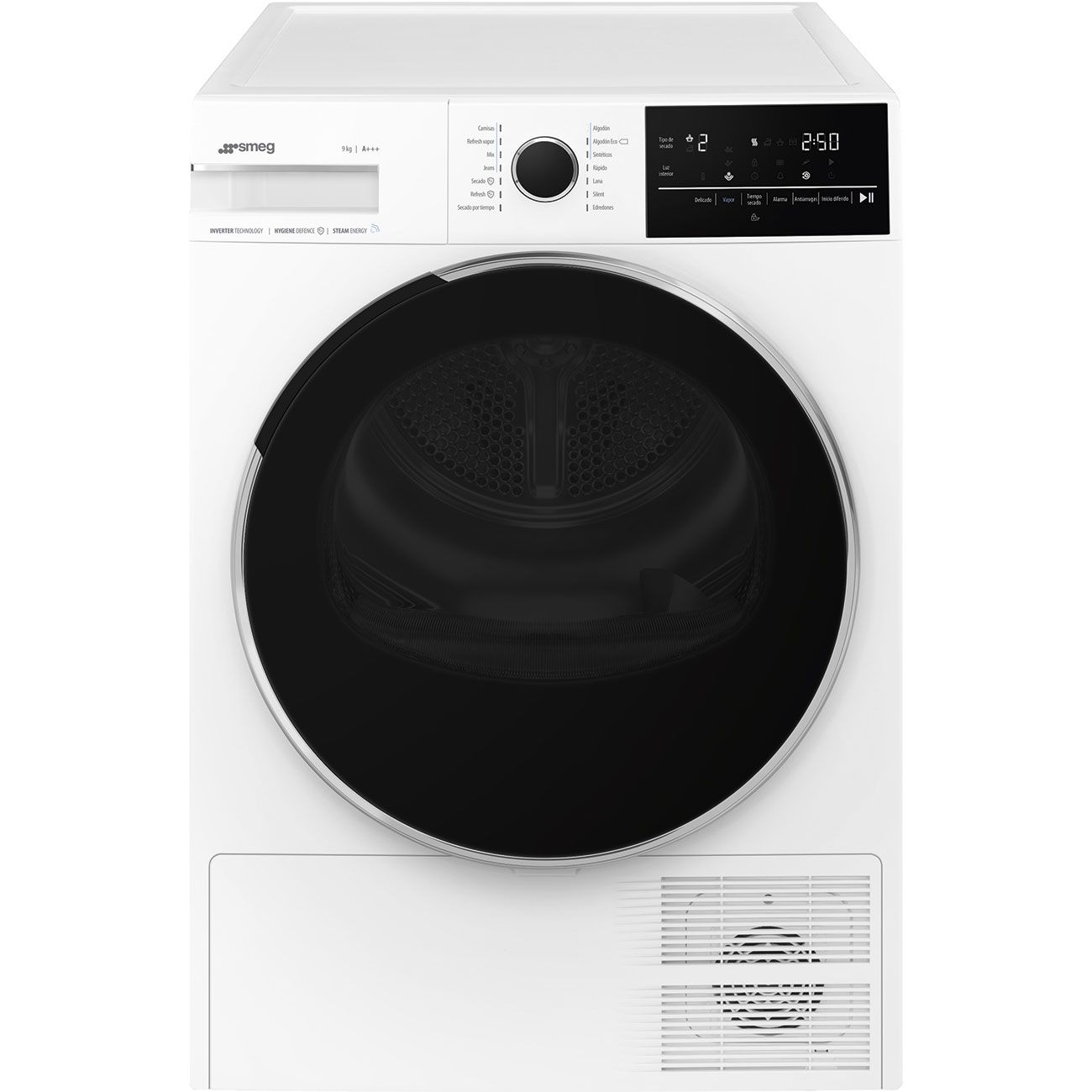 Una secadora Smeg blanca con puerta negra. Tiene una pantalla digital que muestra la hora. Los botones y ajustes están en la parte superior.