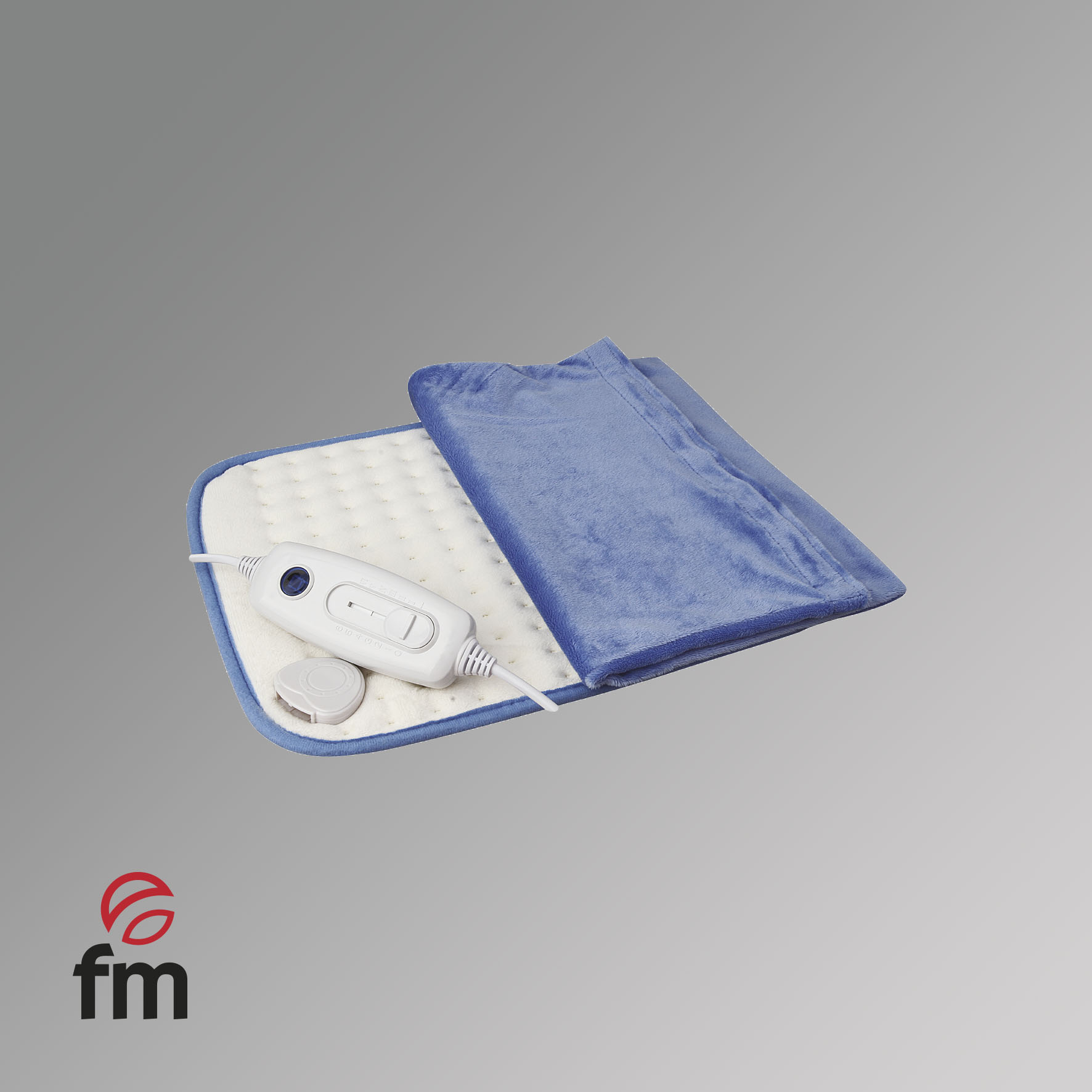 Niebiesko-biała poduszka grzewcza z panelem sterowania i przewodem zasilającym na szarym tle.