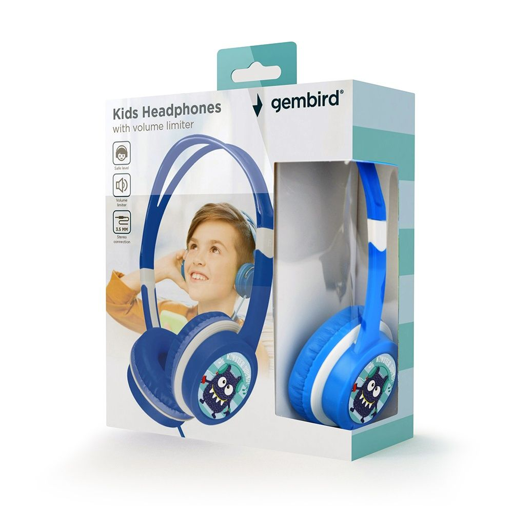 Eine Schachtel mit blauen Kinderkopfhörern mit Lautstärkebegrenzer. Die Box zeigt ein Kind, das die Kopfhörer trägt. Die Marke ist gembird.