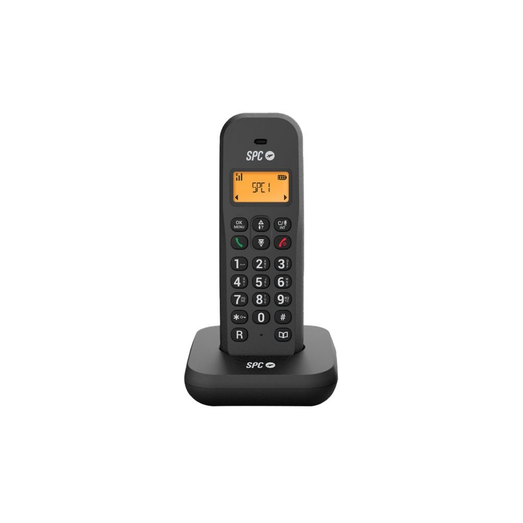 Un telefono cordless nero è su una base nera. Il telefono ha uno schermo che mostra 'SPC1' e una tastiera con numeri e simboli.