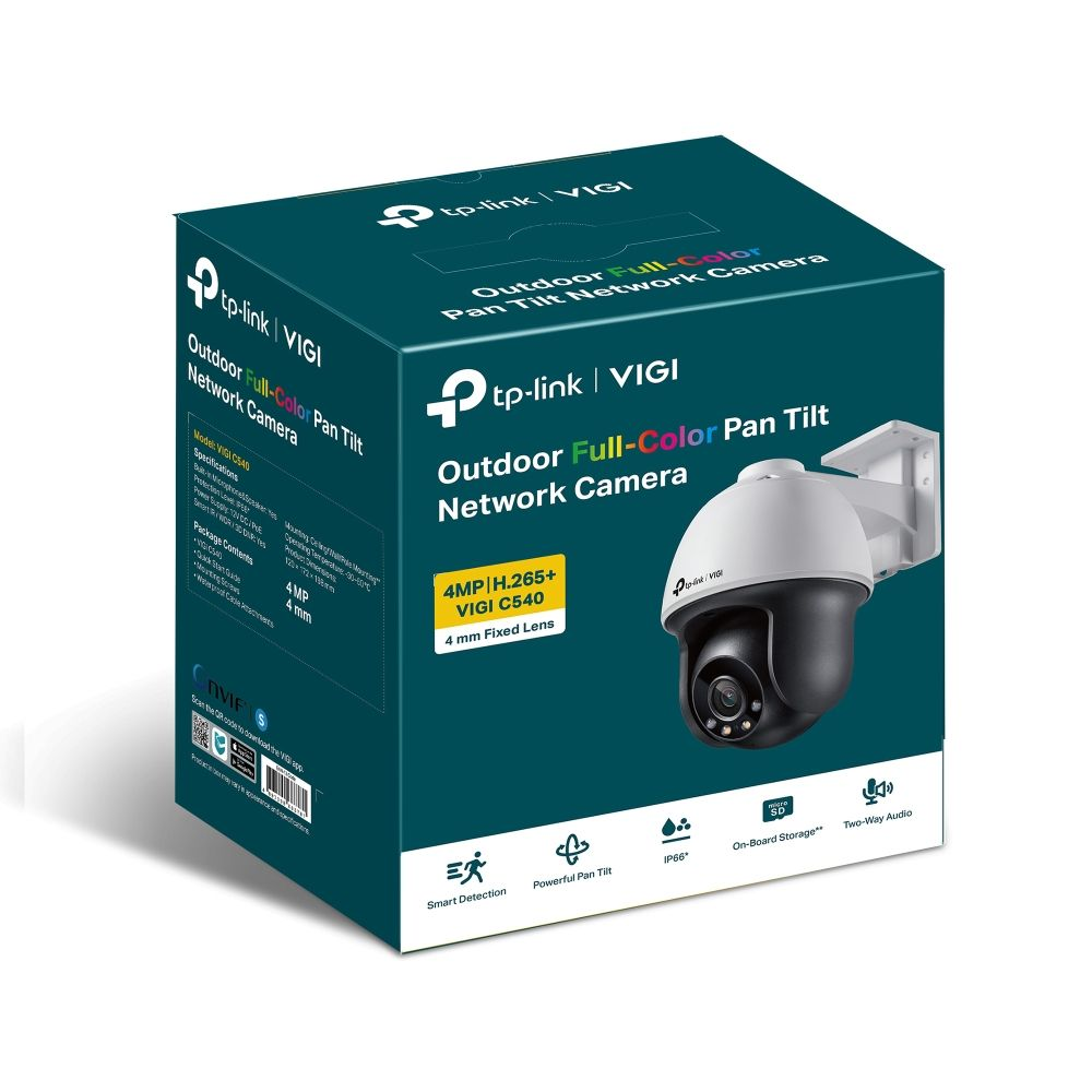 Una scatola per una telecamera di rete TP-Link VIGI esterna a colori con panoramica e inclinazione. Mostra la telecamera e funzioni come il rilevamento intelligente e l'audio bidirezionale.