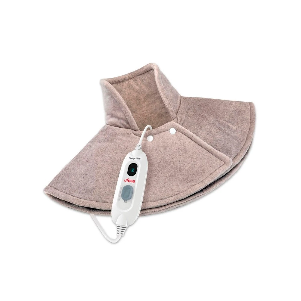 Una almohadilla térmica beige Ufesa, con forma para cuello y hombros. Tiene un control blanco con ajustes y un cable de alimentación.