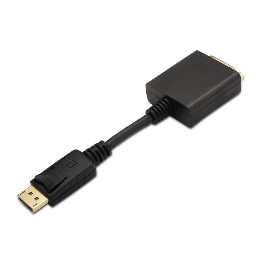 Un cable adaptador DisplayPort a DVI negro. El adaptador está sobre un fondo blanco, mostrando los conectores y el cable.