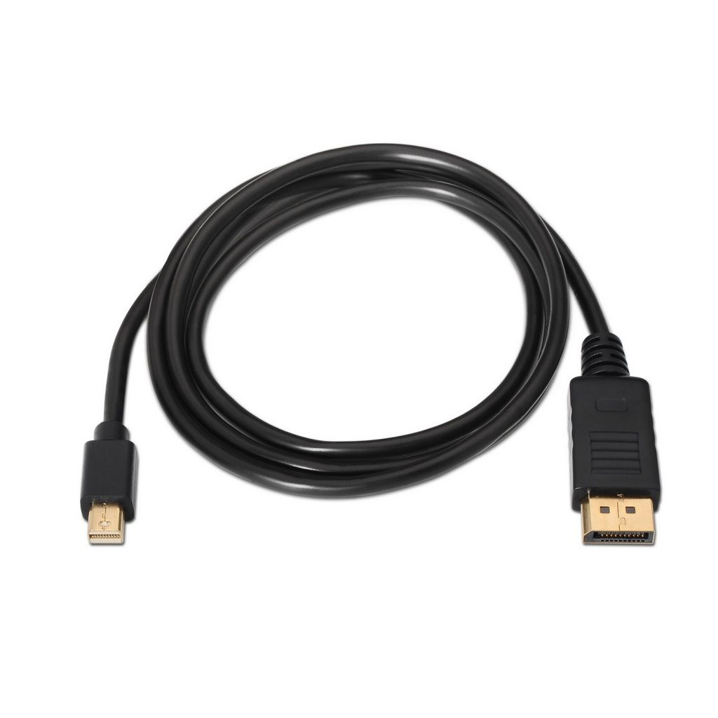 Un cable DisplayPort negro con conectores en cada extremo, enrollado sobre un fondo blanco.