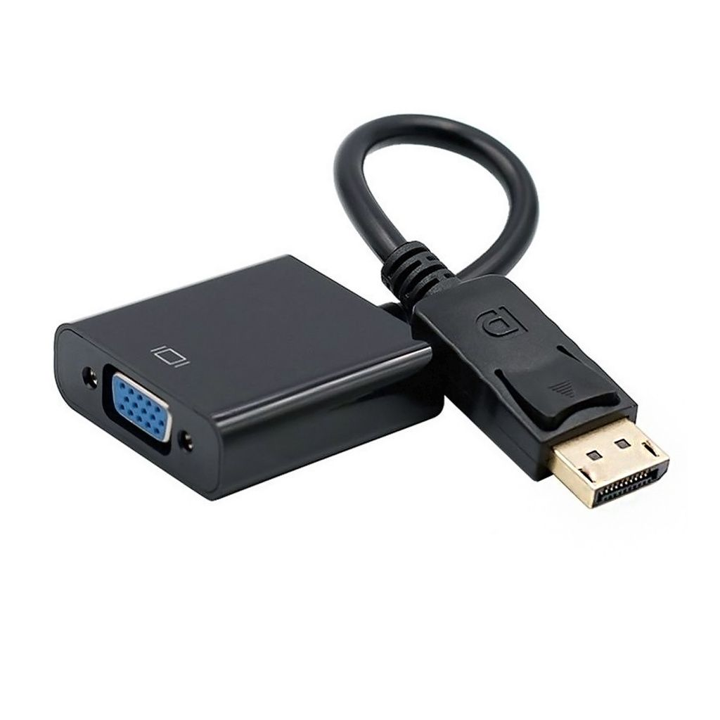 Un adaptador negro de VGA a DisplayPort. Tiene un puerto VGA, un conector DisplayPort y un cable que los conecta. El fondo es blanco.