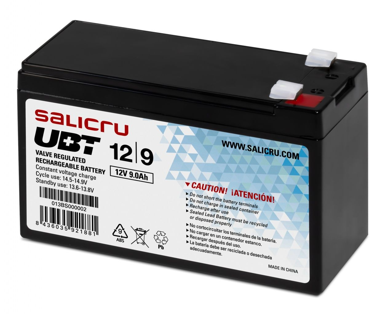 Una batería recargable negra Salicru UBT 12/9. Tiene advertencias y especificaciones. Es una batería de 12V 9.0Ah.
