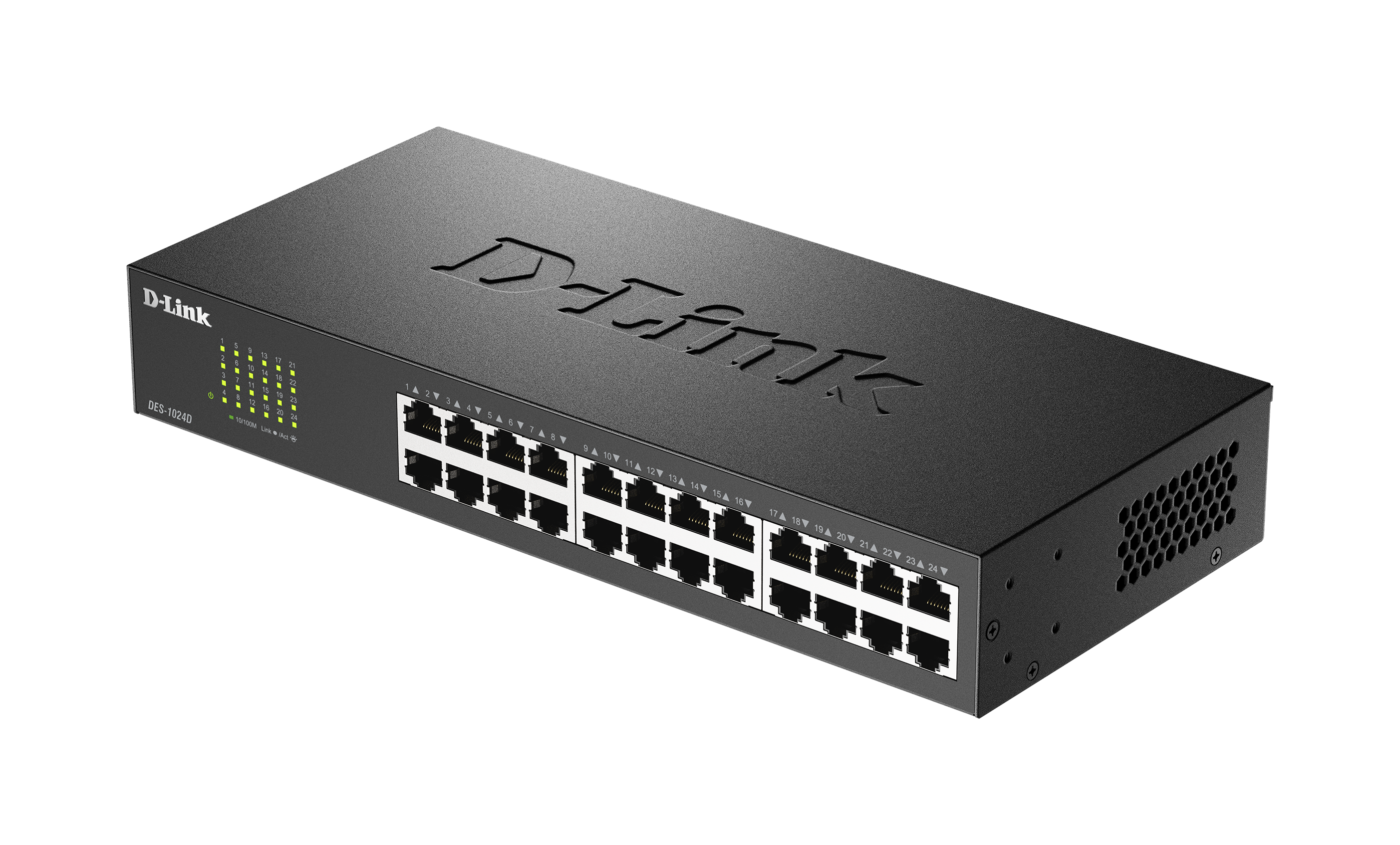 Uno switch di rete D-Link nero con 24 porte. Ha spie luminose e il logo D-Link in alto.