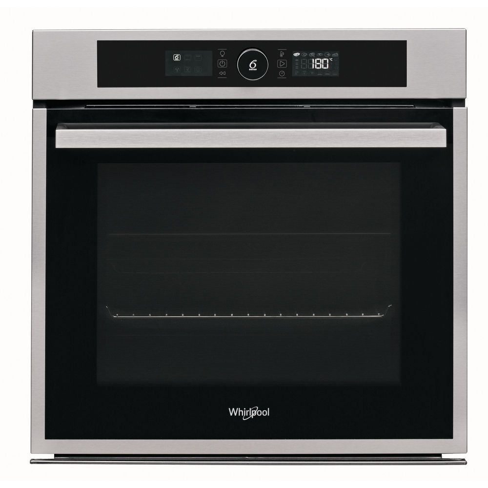 Un horno Whirlpool de acero inoxidable. Tiene una pantalla digital que muestra la configuración y la temperatura. La puerta del horno es de vidrio negro.