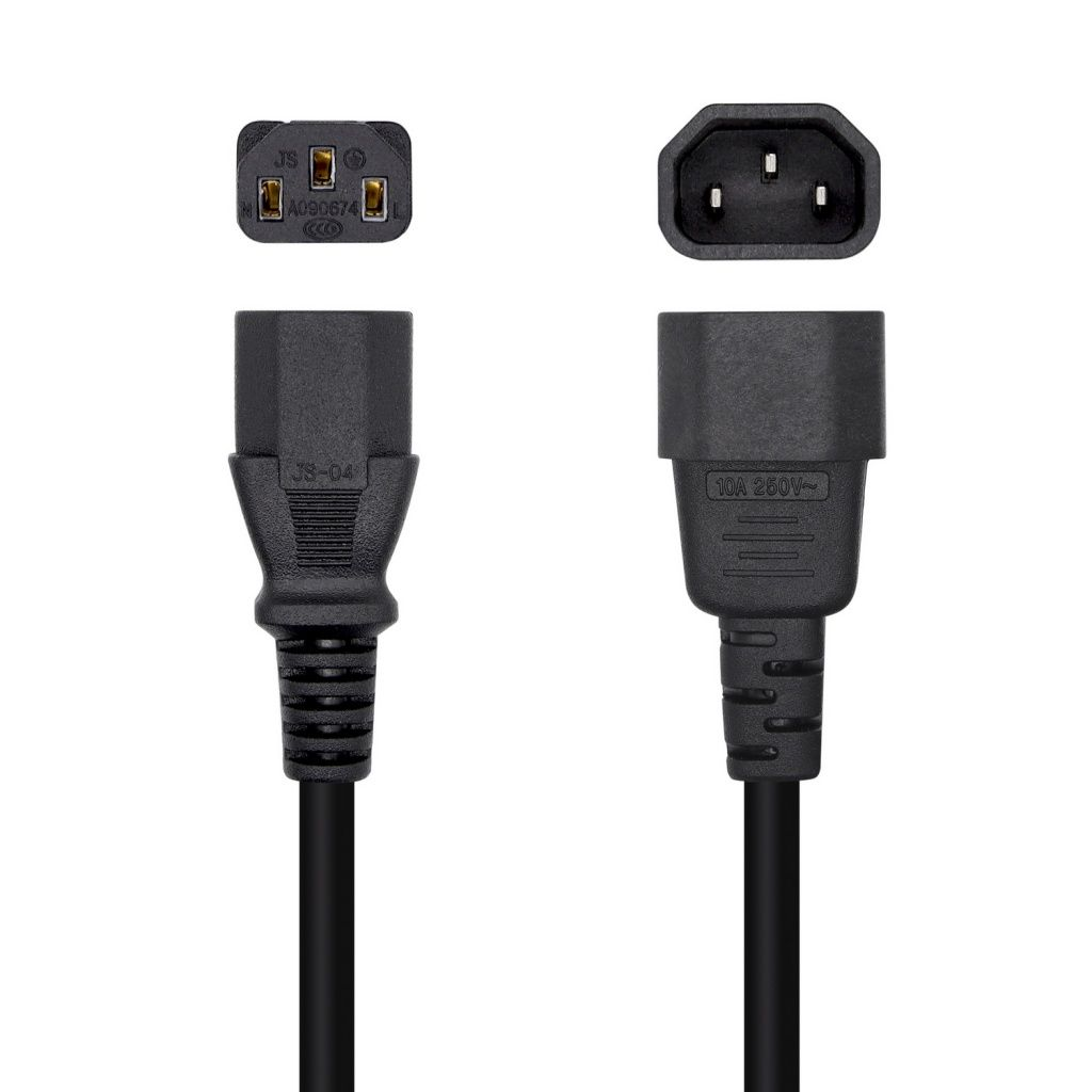 Dos cables de alimentación negros con diferentes conectores. Uno tiene tres clavijas, el otro una serie de clavijas. Fondo blanco.