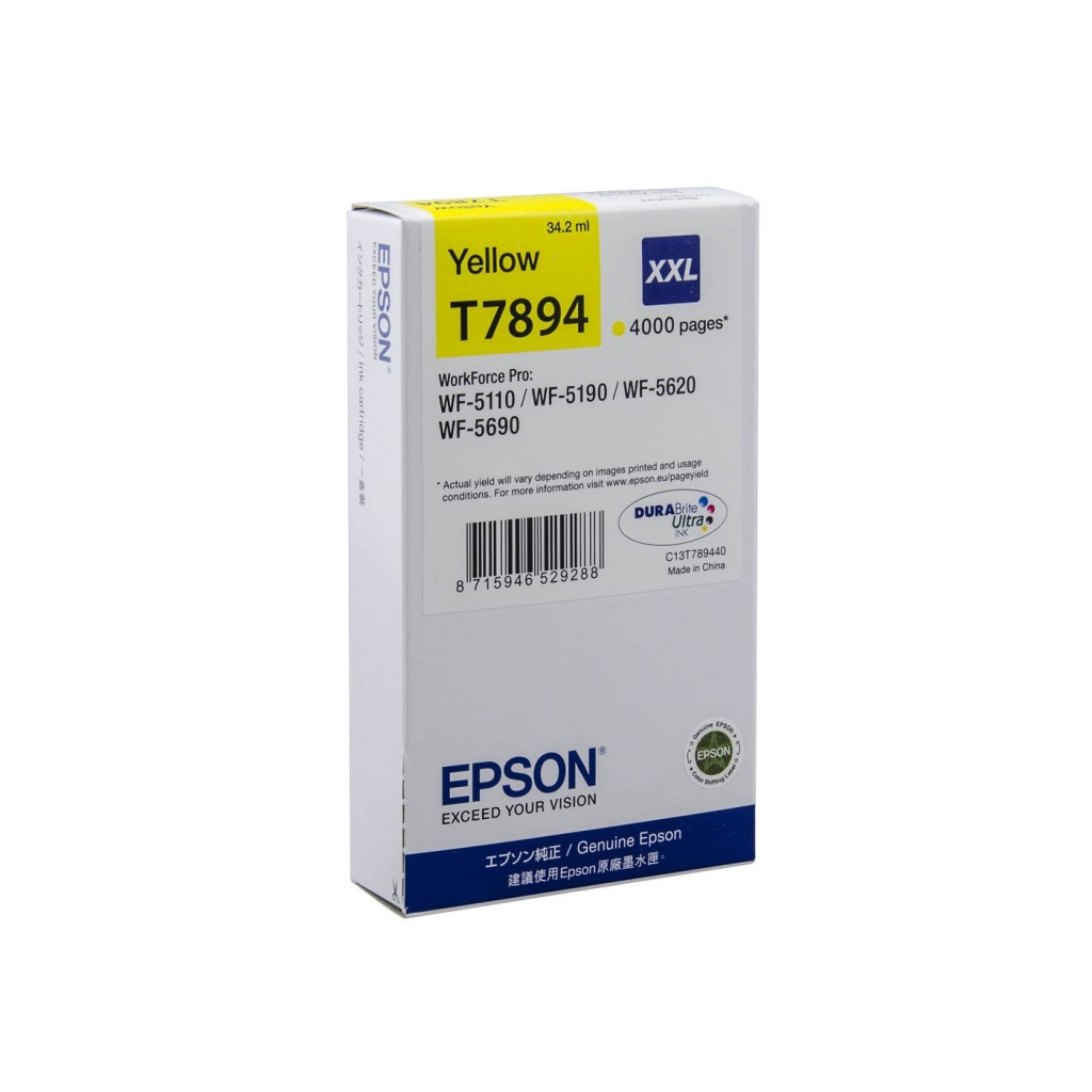 Pudełko z żółtym wkładem atramentowym Epson T7894. Posiada logo Epson i szczegóły produktu, w tym rozmiar XXL i wydajność.