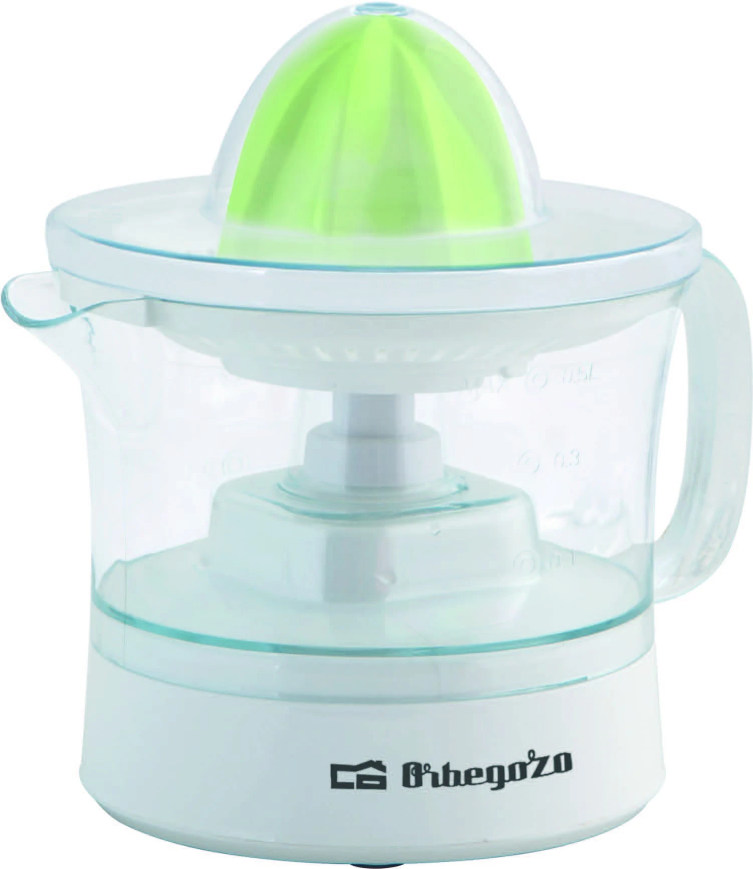 Un exprimidor eléctrico blanco y transparente con un reamer verde. Tiene un asa y la marca 'Orbegozo'.