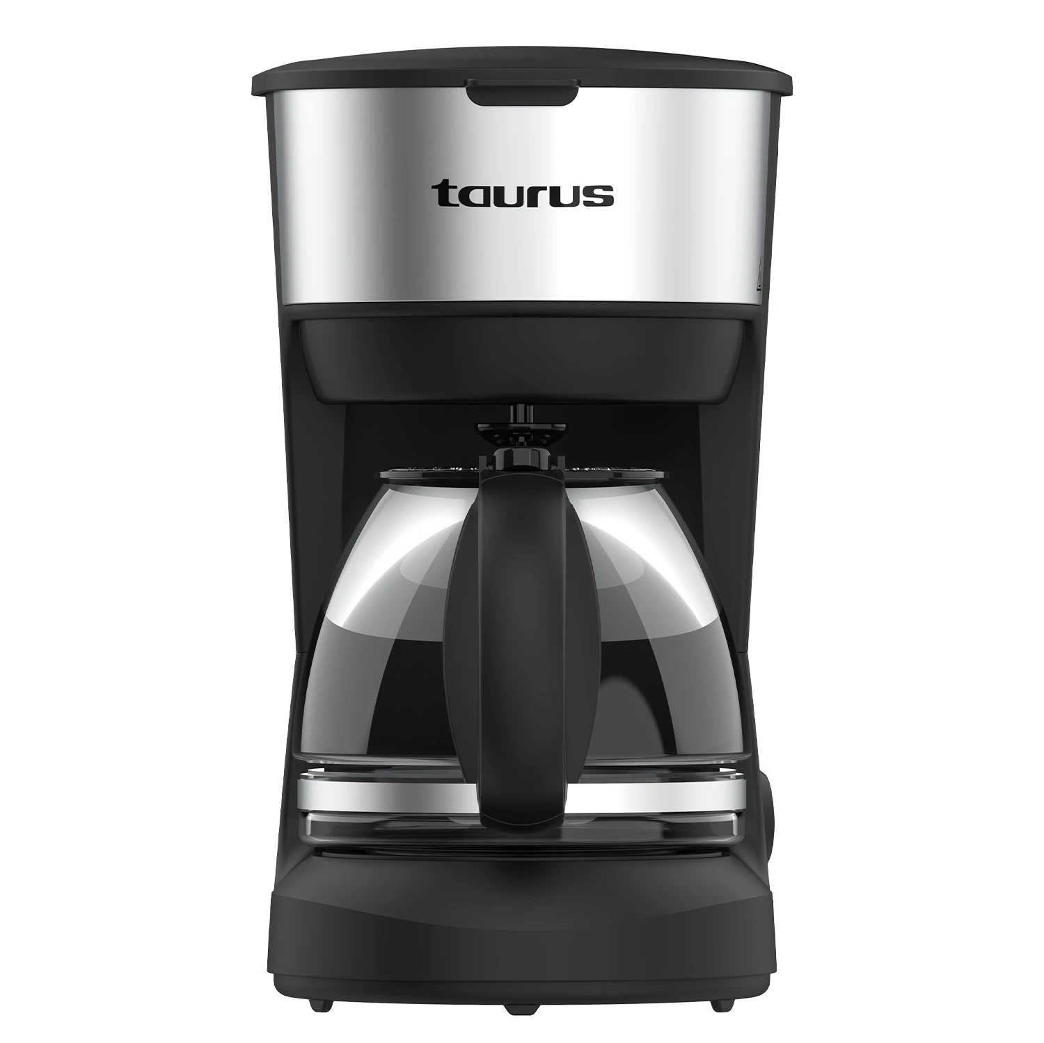 Una cafetera Taurus negra y plateada. Una jarra de vidrio debajo, llena de café.