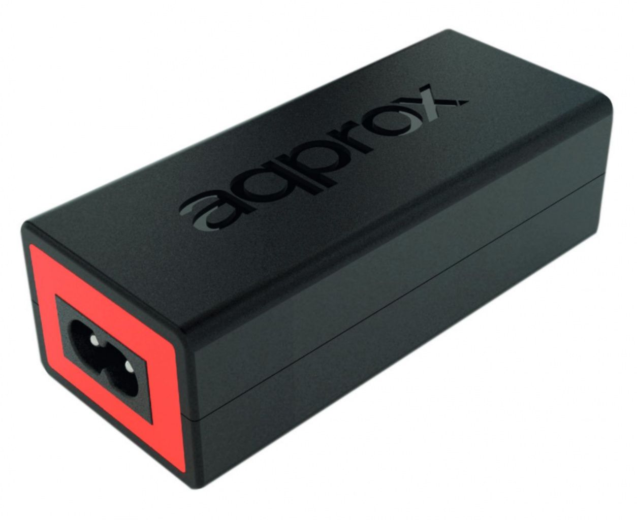 Un adaptador de corriente negro con la palabra 'aqprox'. Tiene un cuadrado rojo alrededor de la entrada de alimentación. El fondo es blanco.
