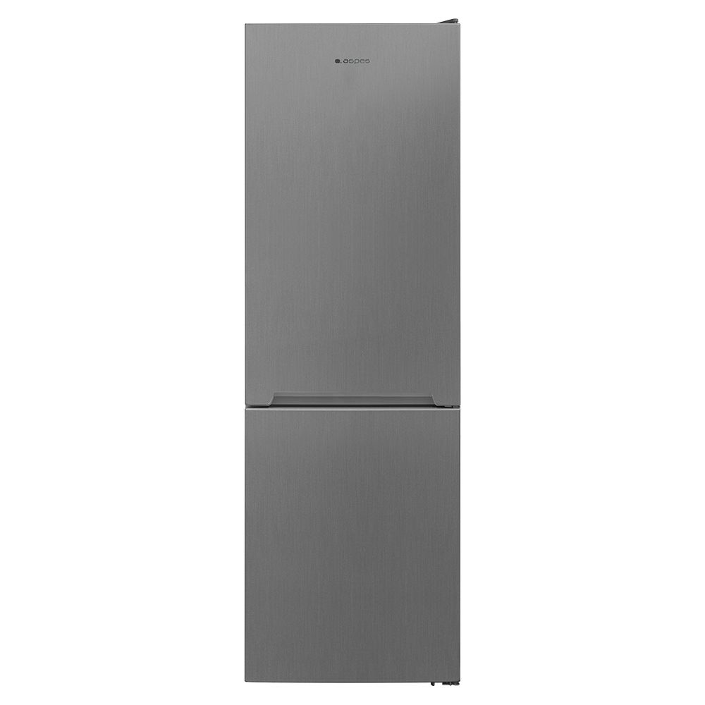 Un refrigerador gris con dos puertas. La puerta superior tiene el logotipo de la marca. La puerta inferior es más corta.