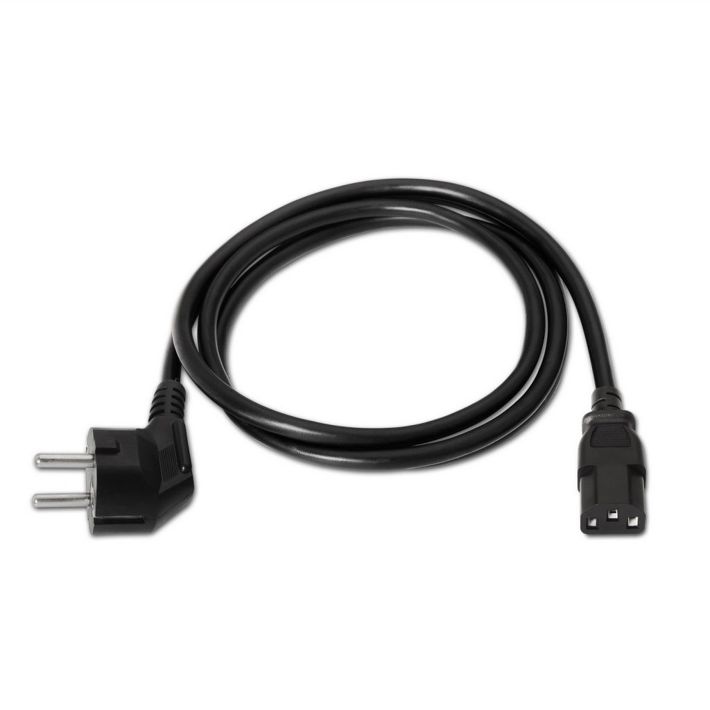 Een zwarte voedingskabel met aan één uiteinde een stekker en aan het andere uiteinde een connector. De kabel is gelust.