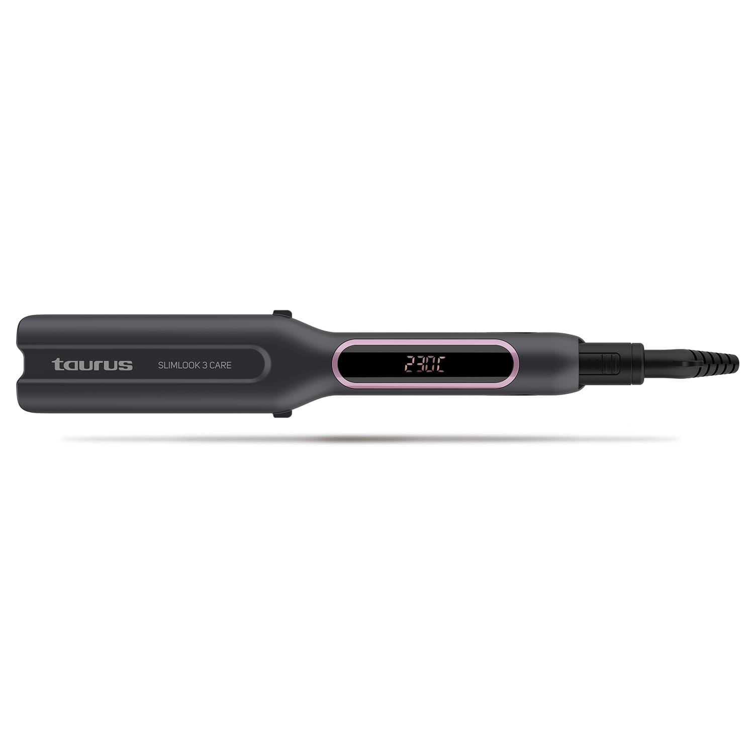 Una plancha de pelo negra y gris con pantalla digital que muestra 230 grados. La marca es Taurus, Slimlook 3 Care.