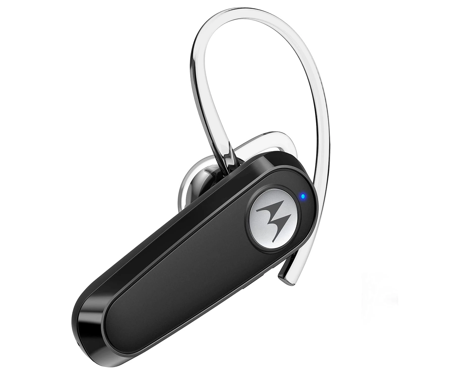 Ein schwarzes Motorola Bluetooth-Headset mit silbernem Ohrhaken. Es hat ein Motorola-Logo und ein blaues Kontrolllicht.