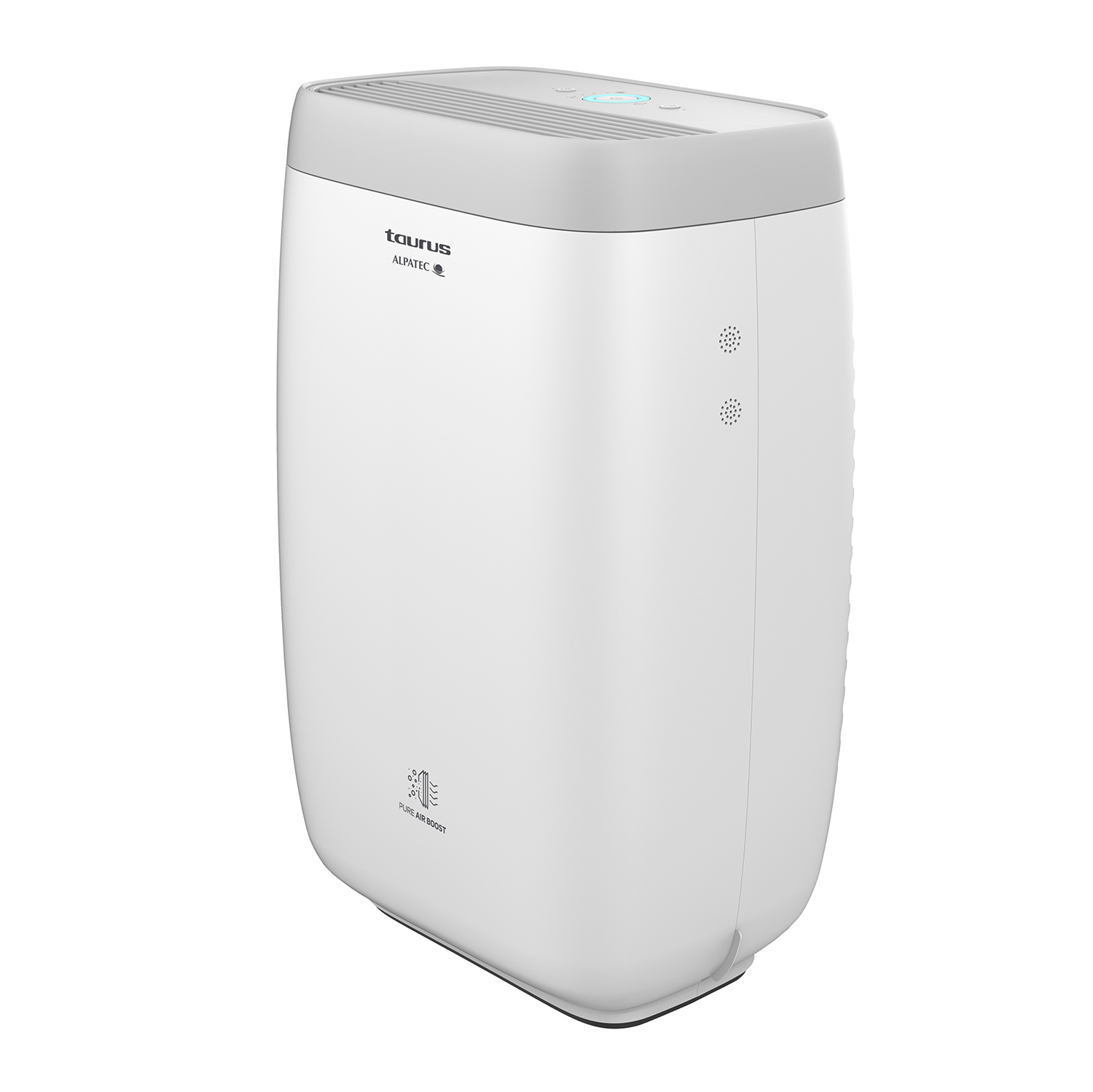 Un purificador de aire blanco y gris. La marca es Taurus, Alpatec. Tiene rejillas de ventilación y un panel de control arriba. La base es curva.