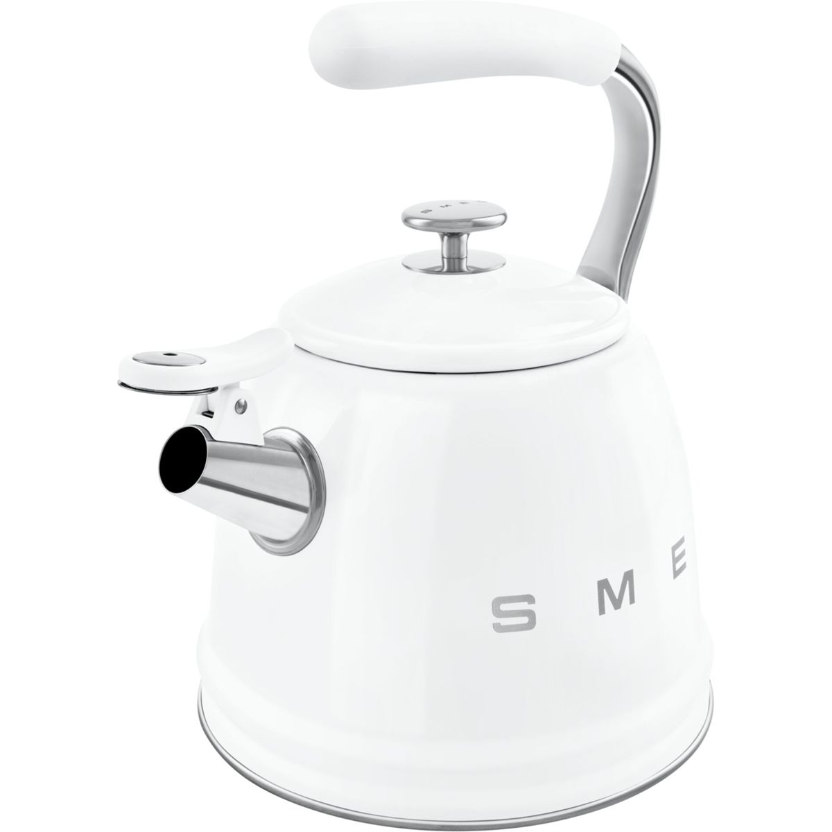Una tetera Smeg blanca con asa, boquilla y tapa blancas. La tetera tiene detalles plateados.