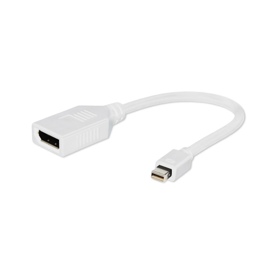 Biały kabel adaptera HDMI na Mini DisplayPort. Jeden koniec ma port HDMI, drugi złącze Mini DisplayPort. Tło jest białe.