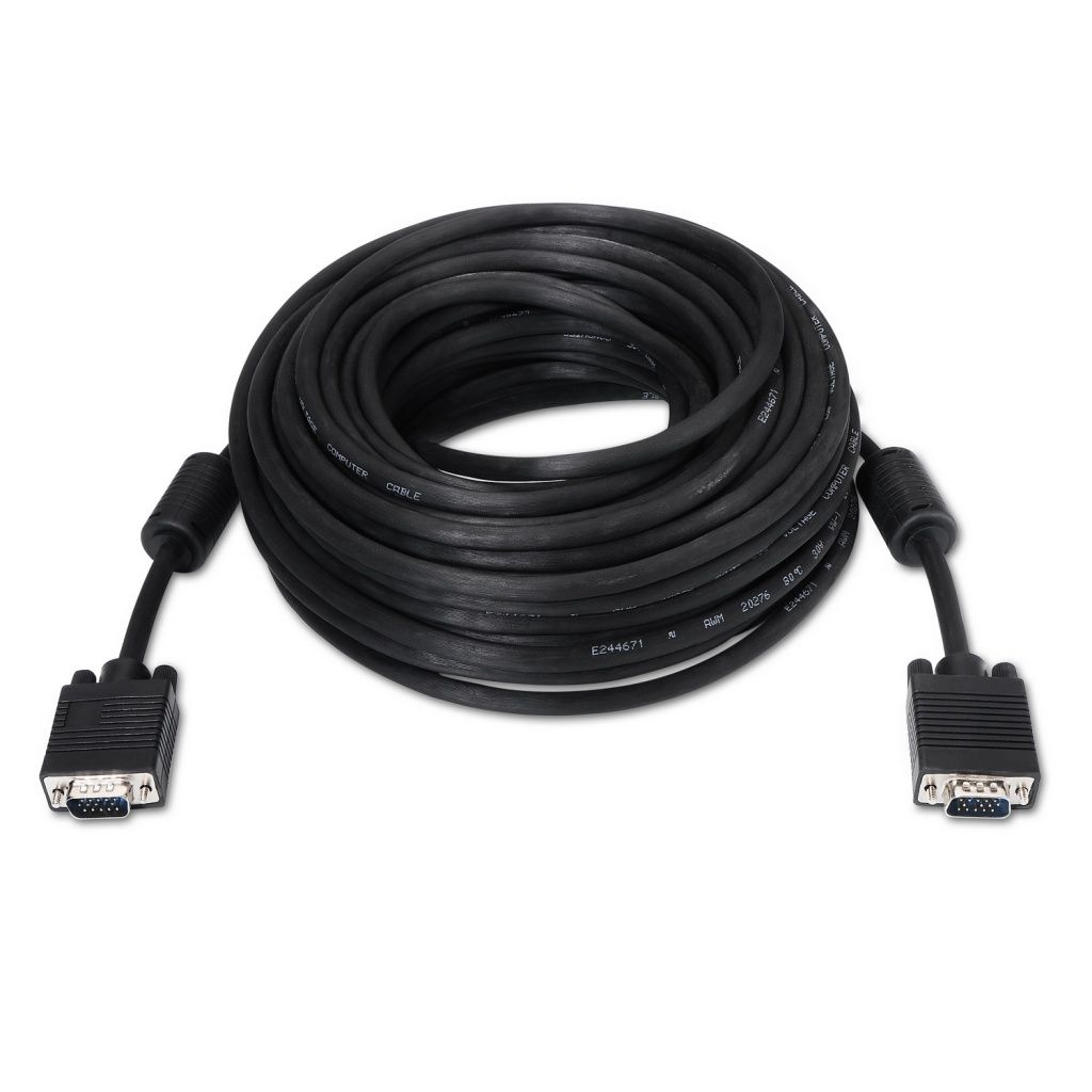 Un cable de computadora negro, enrollado en un bucle, con conectores en ambos extremos. El cable está sobre una superficie blanca.