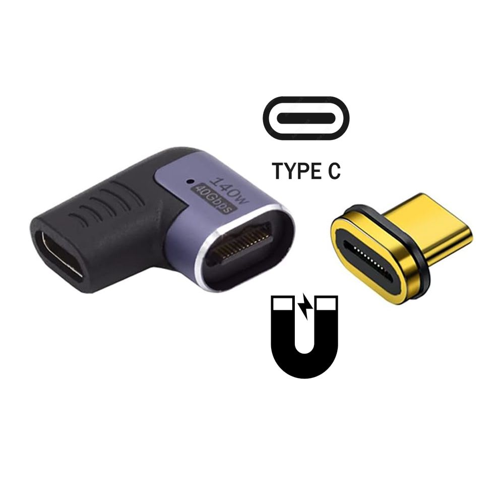 L'immagine mostra connettori USB-C e un connettore magnetico. Il testo recita: 140W, 40Gbps, Tipo C e un simbolo magnete.