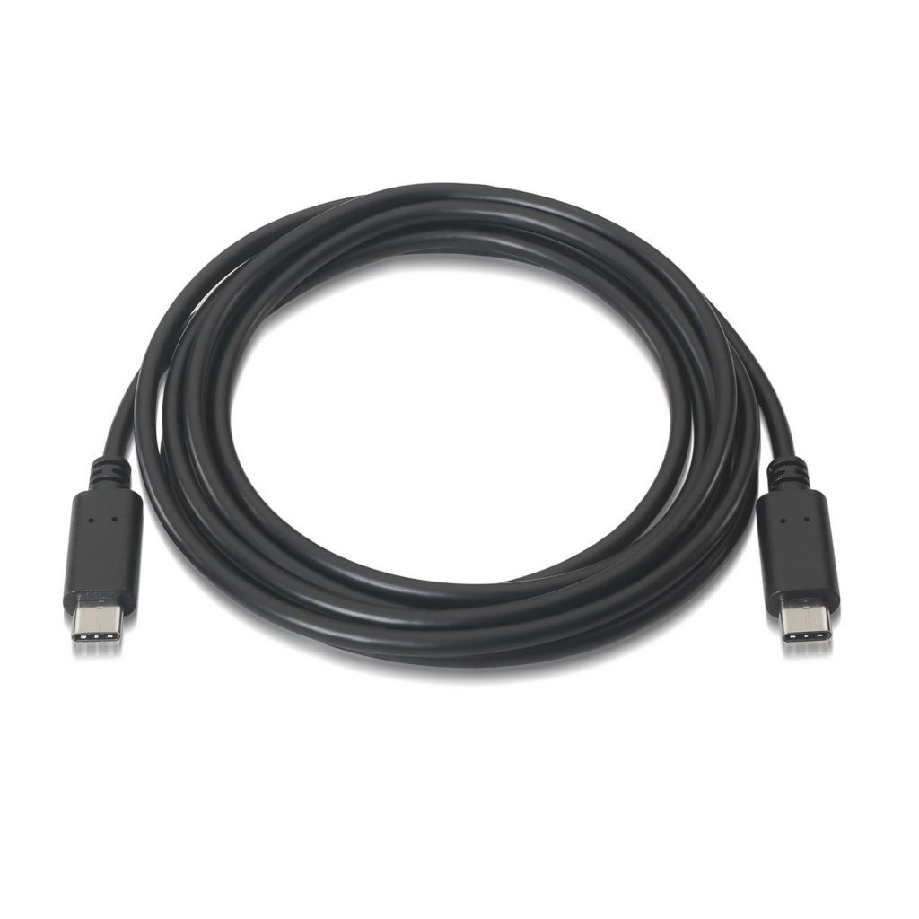 Een zwarte USB-C-kabel opgerold op een wit oppervlak. Twee USB-C-connectoren aan elk uiteinde van de kabel.