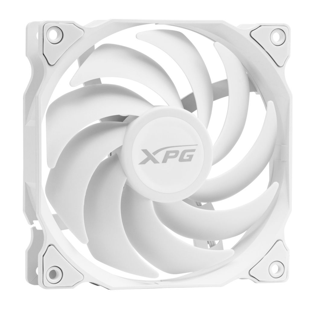Ventola per computer bianca. Le pale della ventola sono curve verso l'interno, con il logo 'XPG' al centro.