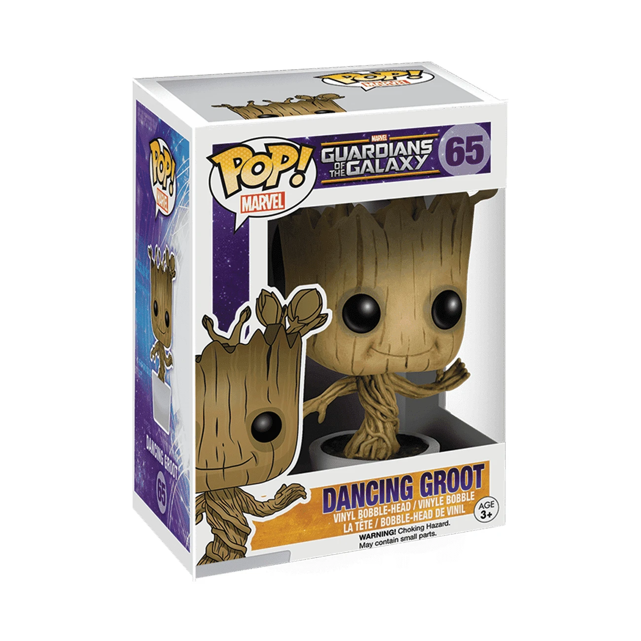 Figurka Dancing Groot Funko Pop w pudełku. Figurka jest brązowa z czarnymi oczami. Pudełko ma logo Strażników Galaktyki.