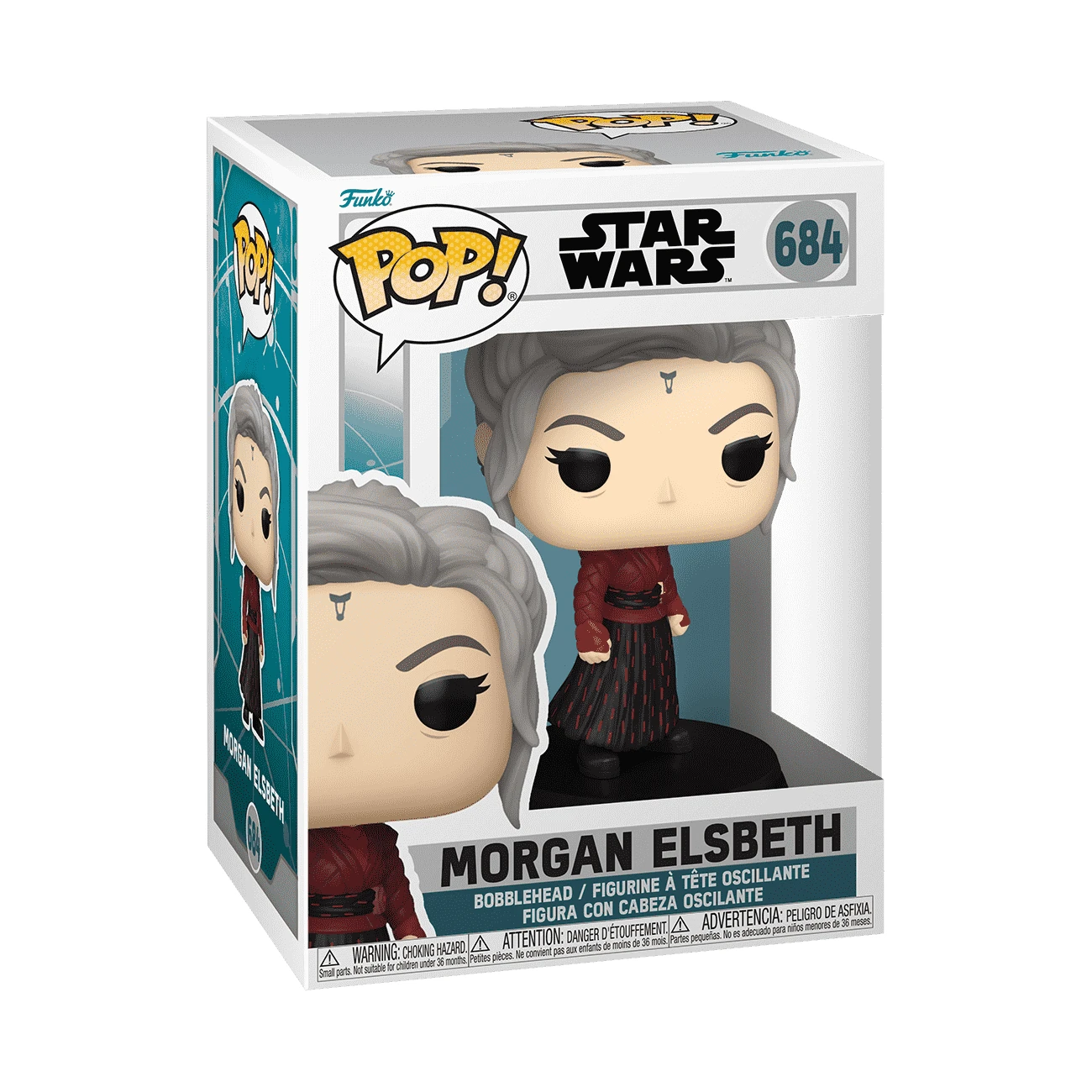 Figura Funko Pop di Morgan Elsbeth di Star Wars. Ha i capelli grigi e un vestito rosso. La scatola è bianca e verde acqua.