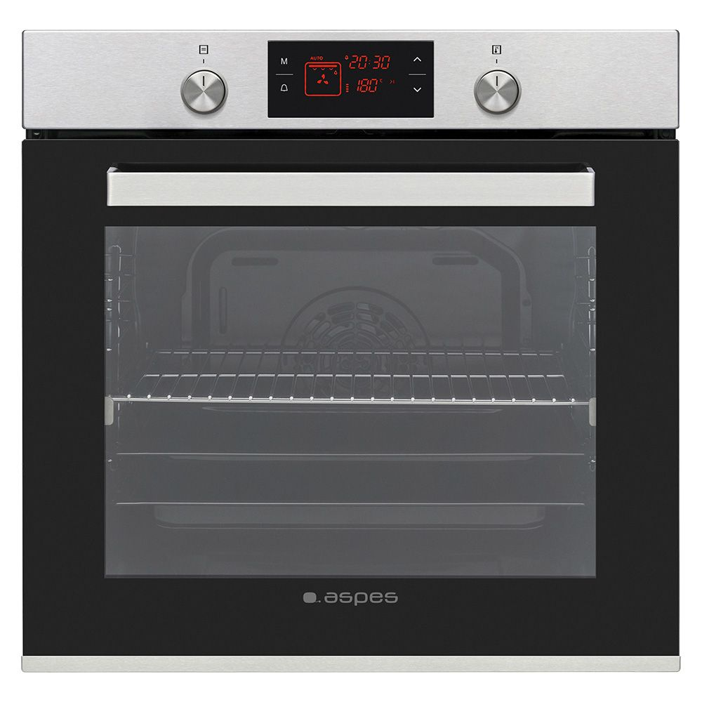 Un horno de acero inoxidable con puerta de cristal negra. Tiene una pantalla digital que muestra la hora y la temperatura, y una rejilla.