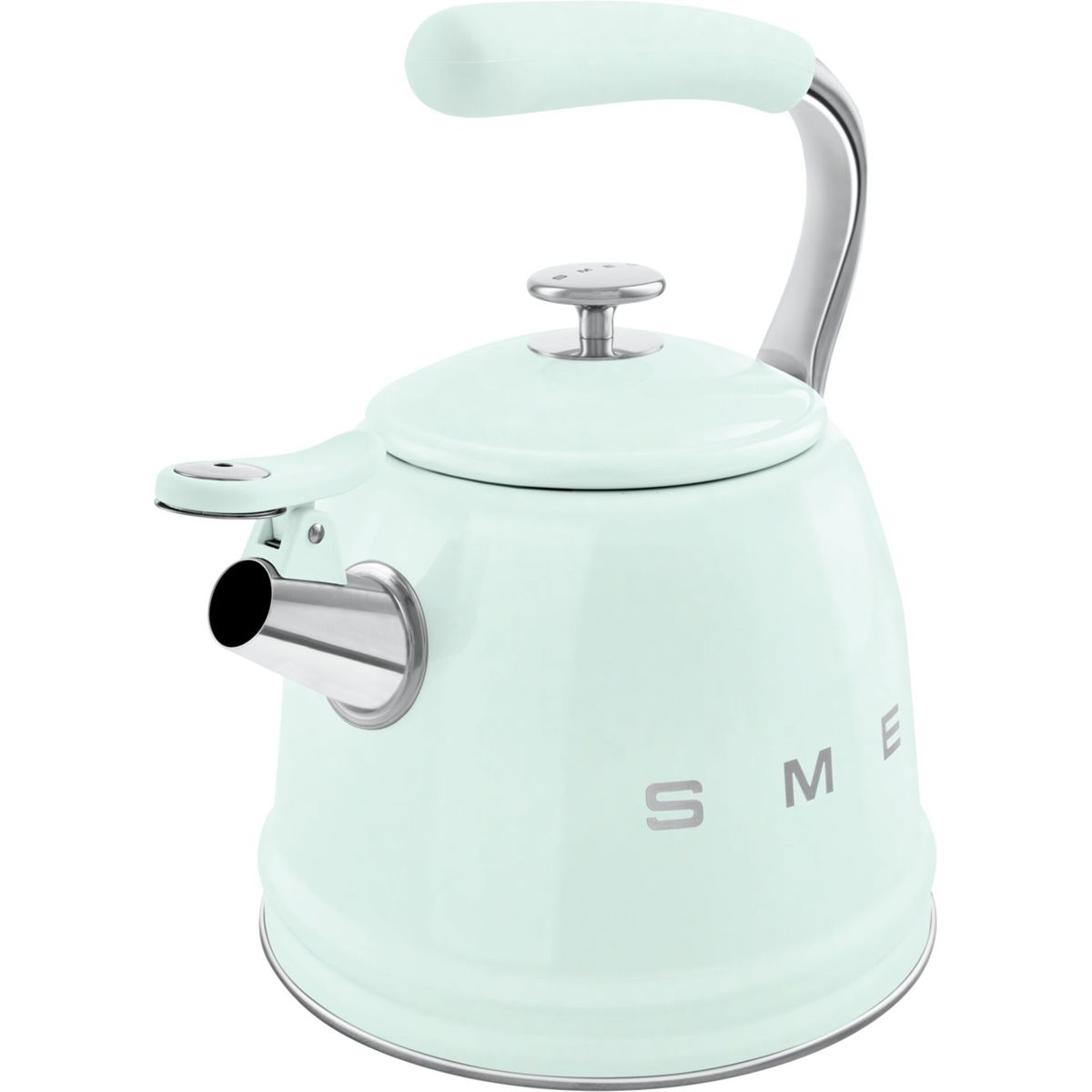 Una tetera verde menta con un pico y asa plateados. El asa se curva hacia arriba y hacia arriba. La palabra SME está impresa.